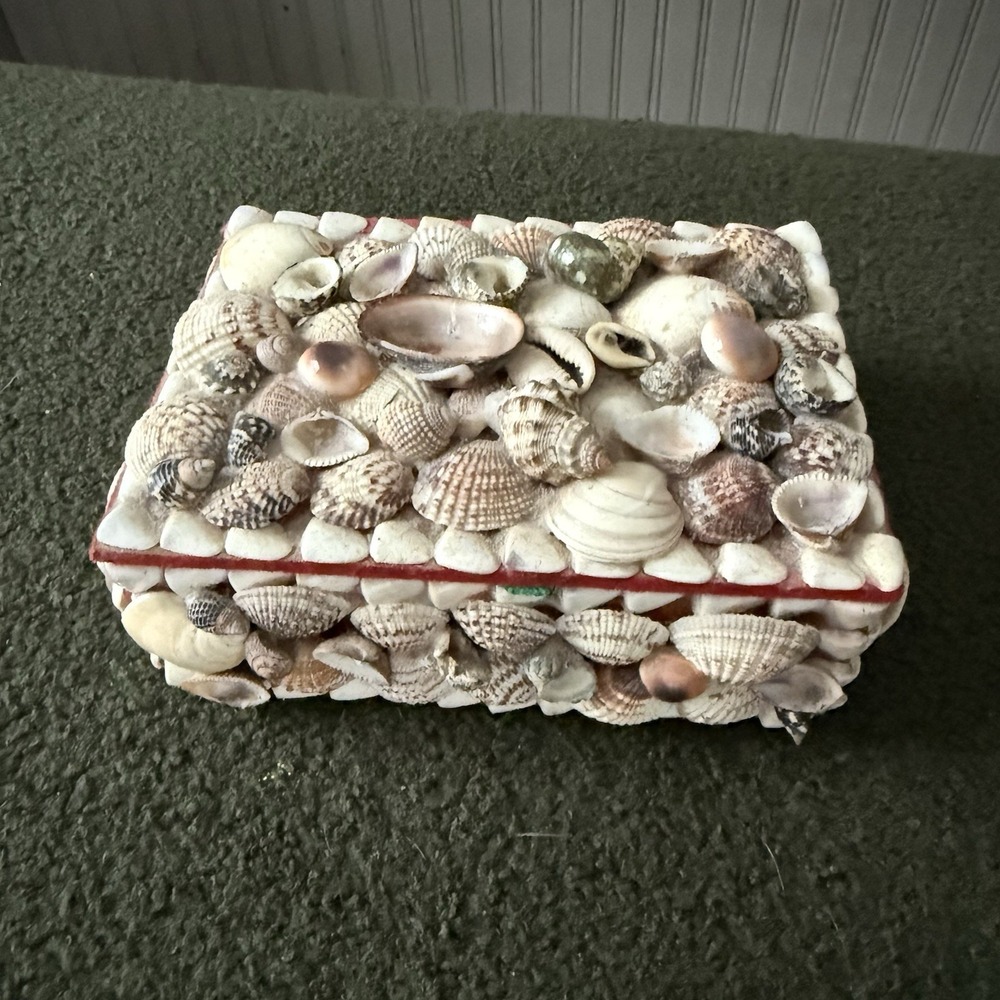 Vtg Seashell Jewelry Trinket Box Chest Decor Boho Nautical Handmade 6.5"